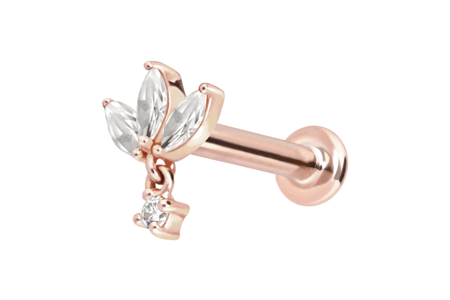 14 Karat Gold Labret Piercing mit Innengewinde MOISSANIT-BLUME + MOISSANIT